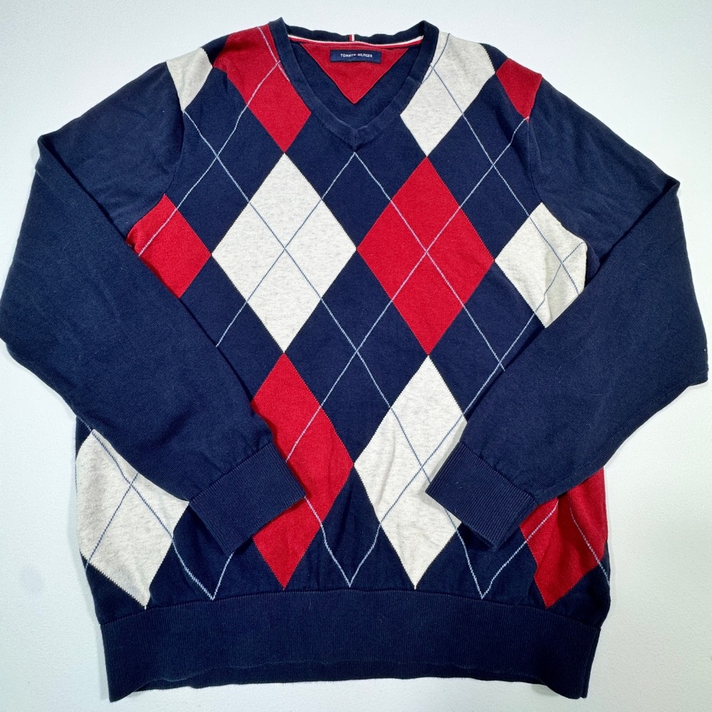 Tommy Hilfiger Mens LARGE Argyle V-Neck Sweater Navy Blue‎ Red White 100% Cotton